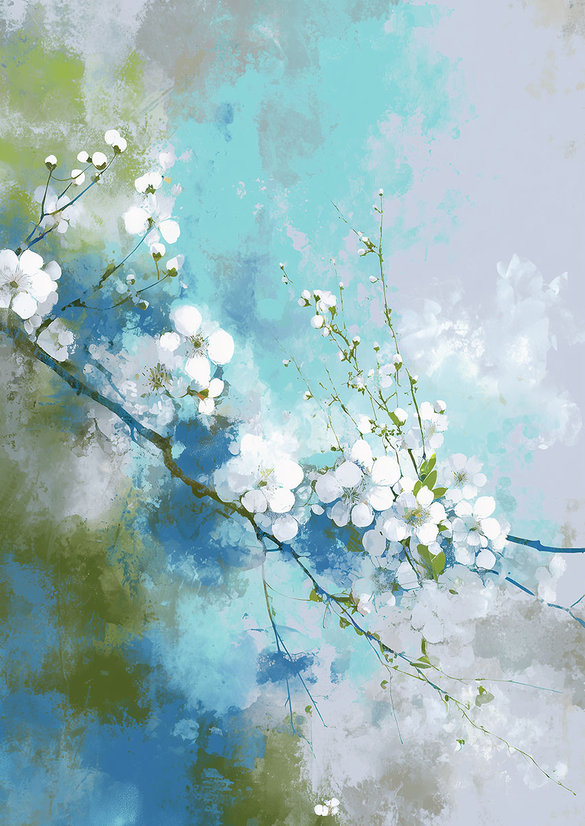 Artwork of delicate white floral blossoms against a soft blue background.